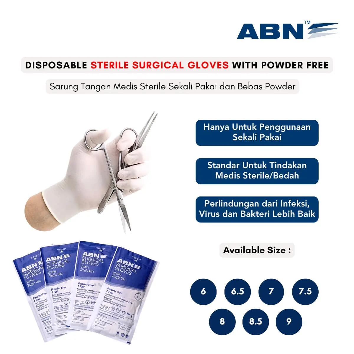 ABN Surgical Gloves Sarung Tangan Medis Sterile Sekali Pakai Powder Free